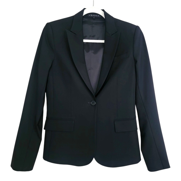 Theory Black Wool Notch Lapel One Button Tailored Blazer Suit Jacket Size 4 - Picture 1 of 14